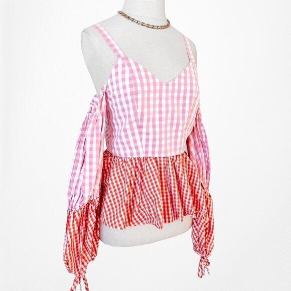 Pink Red Cold Shoulder Plaid Checkered Long Puffy Sleeve Peplum Top Size XS - Picture 7 of 9